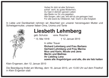 Traueranzeige von Liesbeth Lehmberg von ALLGEMEINE ZEITUNG UELZEN