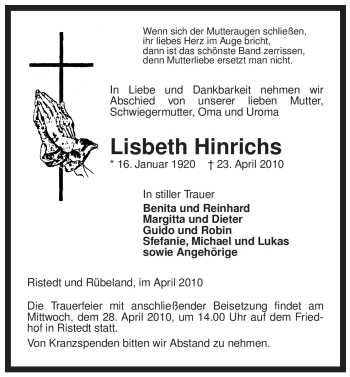 Traueranzeige von Lisbeth Hinrichs von ALLGEMEINE ZEITUNG UELZEN