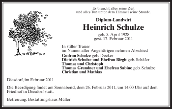 Traueranzeige von Heinrich Schulze von ALLGEMEINE ZEITUNG UELZEN