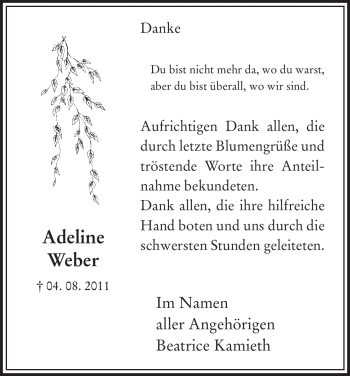 Traueranzeige von Adeline Weber von ALLGEMEINE ZEITUNG UELZEN