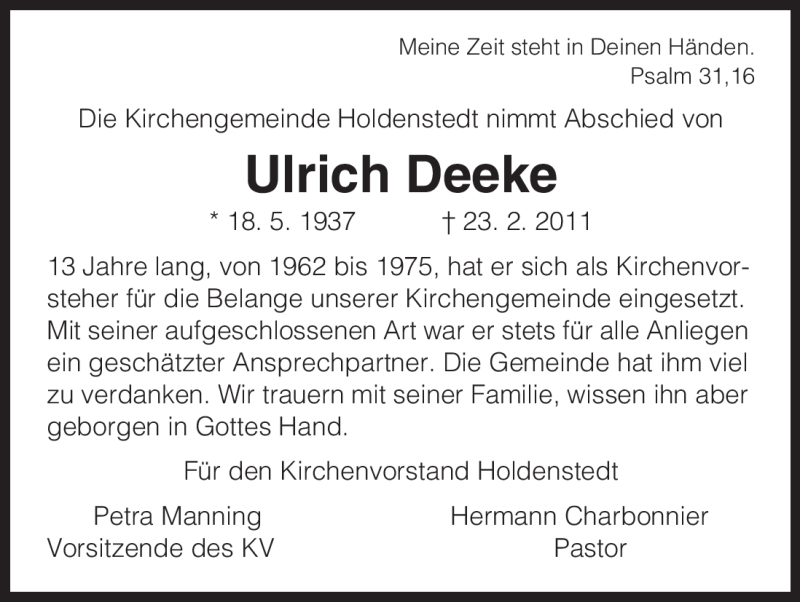  Traueranzeige für Ulrich Deeke vom 26.02.2011 aus ALLGEMEINE ZEITUNG UELZEN