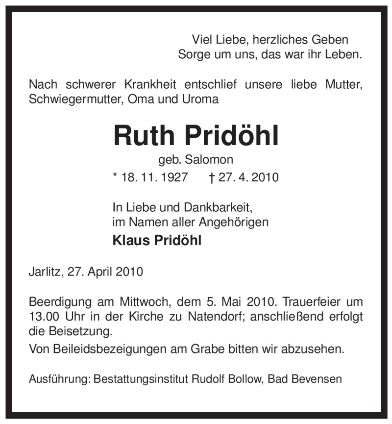  Traueranzeige für Ruth Pridöhl vom 30.04.2010 aus ALLGEMEINE ZEITUNG UELZEN