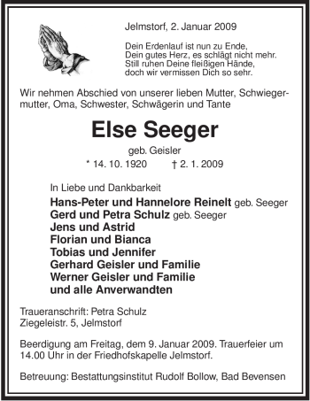 Traueranzeige von Else Seeger von ALLGEMEINE ZEITUNG UELZEN