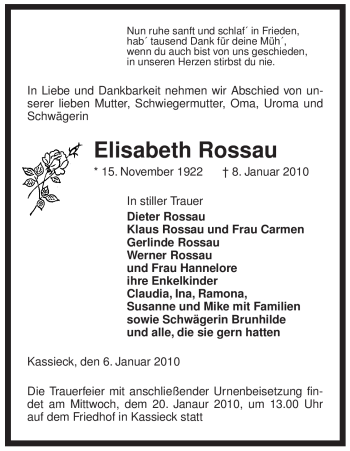 Traueranzeige von Elisabeth Rossau von ALLGEMEINE ZEITUNG UELZEN