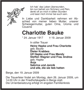 Traueranzeige von Charlotte Bauke von ALLGEMEINE ZEITUNG UELZEN