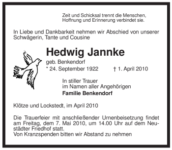 Traueranzeige von Hedwig Jannke von ALLGEMEINE ZEITUNG UELZEN