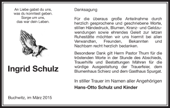 Traueranzeige von Ingrid Schulz von Uelzen