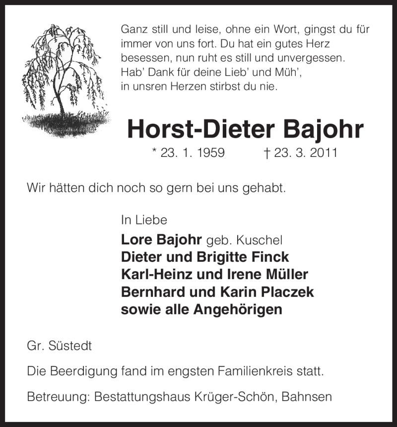  Traueranzeige für Horst-Dieter Bajohr vom 30.03.2011 aus ALLGEMEINE ZEITUNG UELZEN