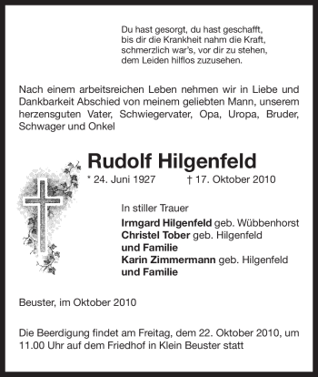 Traueranzeige von Rudolf Hilgenfeld von ALLGEMEINE ZEITUNG UELZEN