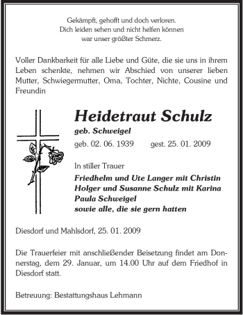 Traueranzeige von Heidetraut Schulz von ALLGEMEINE ZEITUNG UELZEN
