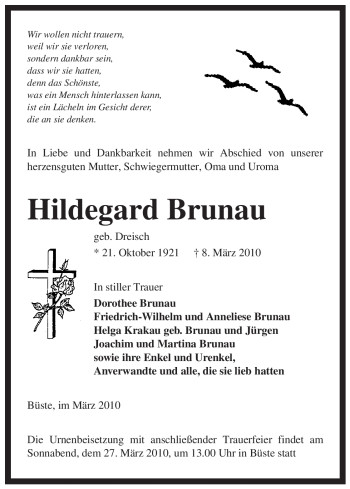 Traueranzeige von Hildegard Brunau von ALLGEMEINE ZEITUNG UELZEN