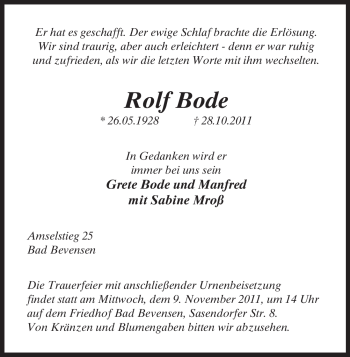 Traueranzeige von Rolf Bode von ALLGEMEINE ZEITUNG UELZEN