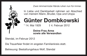 Traueranzeige von Günter Dombkowski von ALLGEMEINE ZEITUNG UELZEN