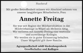 Traueranzeige von Annette Freitag von Uelzen