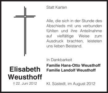 Traueranzeige von Elisabeth Weusthoff von ALLGEMEINE ZEITUNG UELZEN