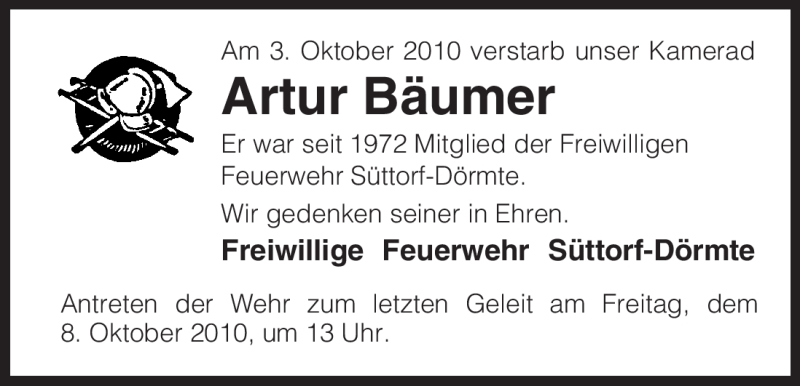  Traueranzeige für Artur Bäumer vom 06.10.2010 aus ALLGEMEINE ZEITUNG UELZEN