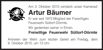 Traueranzeige von Artur Bäumer von ALLGEMEINE ZEITUNG UELZEN