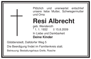 Traueranzeige von Resi Albrecht von ALLGEMEINE ZEITUNG UELZEN