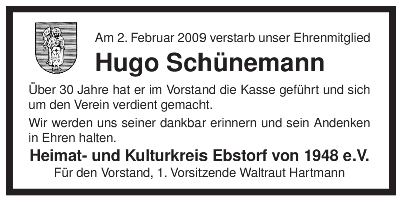  Traueranzeige für Hugo Schünemann vom 12.02.2009 aus ALLGEMEINE ZEITUNG UELZEN