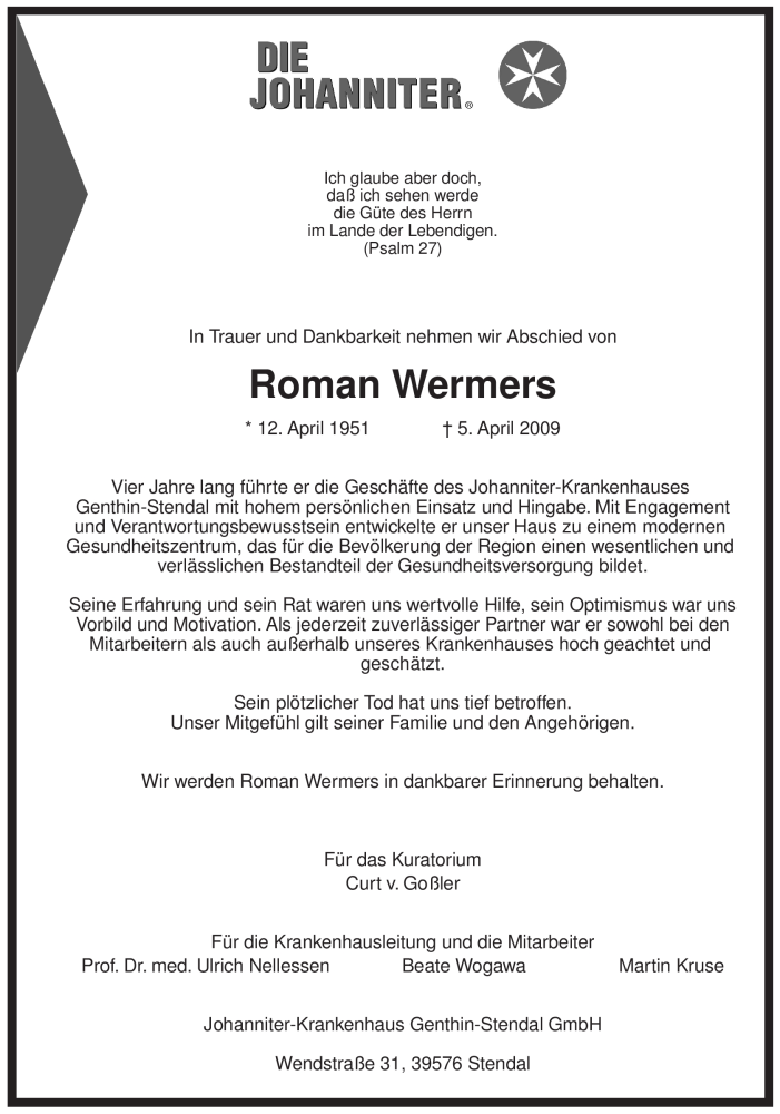  Traueranzeige für Roman Wermers vom 11.04.2009 aus ALLGEMEINE ZEITUNG UELZEN