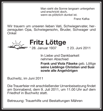 Traueranzeige von Fritz Löttge von ALLGEMEINE ZEITUNG UELZEN