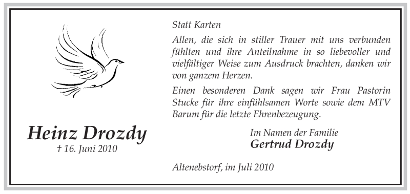  Traueranzeige für Heinz Drozdy vom 17.07.2010 aus ALLGEMEINE ZEITUNG UELZEN
