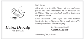 Traueranzeige von Heinz Drozdy von ALLGEMEINE ZEITUNG UELZEN