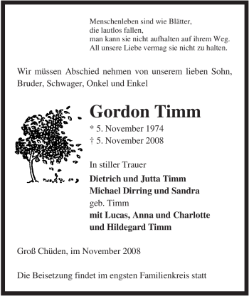 Traueranzeige von Gordon Timm von ALLGEMEINE ZEITUNG UELZEN