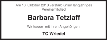 Traueranzeige von Barbara Tetzlaff von ALLGEMEINE ZEITUNG UELZEN