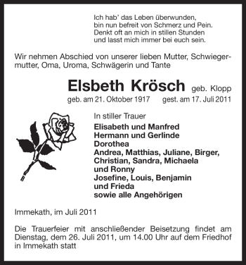 Traueranzeige von Elsbeth Krösch von ALLGEMEINE ZEITUNG UELZEN