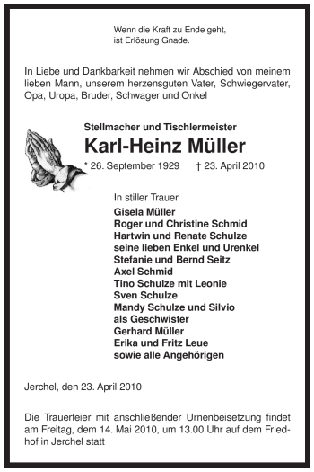 Traueranzeige von Karl-Heinz Müller von ALLGEMEINE ZEITUNG UELZEN