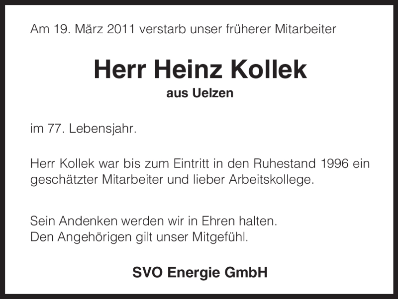  Traueranzeige für Heinz Kollek vom 30.03.2011 aus ALLGEMEINE ZEITUNG UELZEN