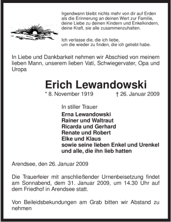 Traueranzeige von Erich Lewandowski von ALLGEMEINE ZEITUNG UELZEN