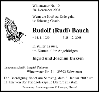 Traueranzeige von Rudolf Bauch von ALLGEMEINE ZEITUNG UELZEN