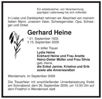 Traueranzeige von Gerhard Heine von ALLGEMEINE ZEITUNG UELZEN