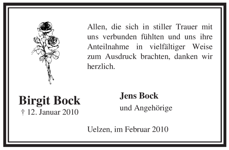  Traueranzeige für Birgit Bock vom 13.02.2010 aus ALLGEMEINE ZEITUNG UELZEN