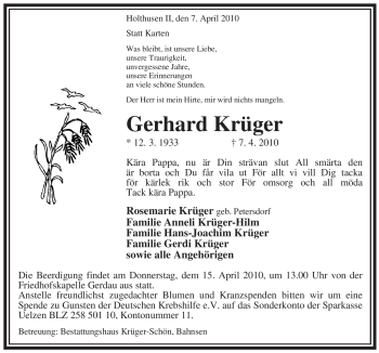 Traueranzeige von Gerhard Krüger von ALLGEMEINE ZEITUNG UELZEN