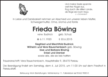 Traueranzeige von Frieda Böwing von Uelzen