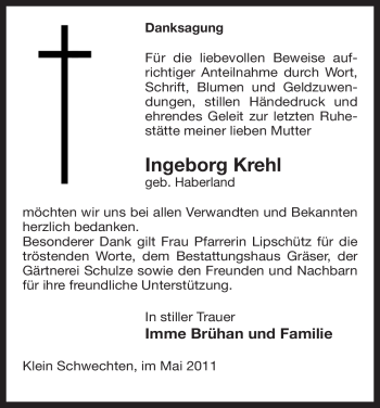 Traueranzeige von Ingeborg Krehl von ALLGEMEINE ZEITUNG UELZEN