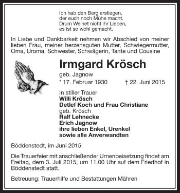 Traueranzeige von Irmgard Krösch von Uelzen