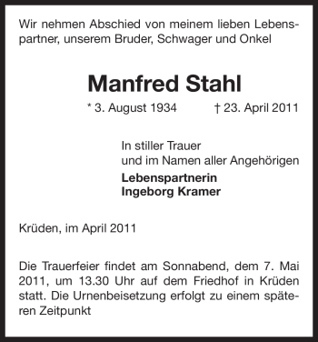 Traueranzeige von Manfred Stahl von ALLGEMEINE ZEITUNG UELZEN