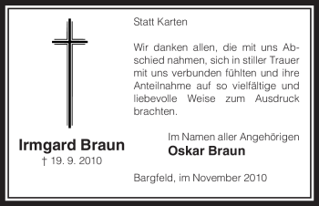 Traueranzeige von Irmgard Braun von ALLGEMEINE ZEITUNG UELZEN