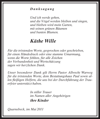 Traueranzeige von Käthe Wille von ALLGEMEINE ZEITUNG UELZEN