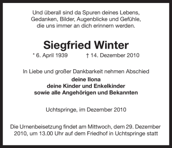 Traueranzeige von Siegfried Winter von ALLGEMEINE ZEITUNG UELZEN