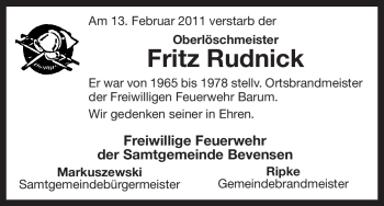 Traueranzeige von Fritz Rudnick von ALLGEMEINE ZEITUNG UELZEN