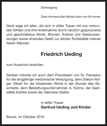 Traueranzeige von Friedrich Ueding von ALLGEMEINE ZEITUNG UELZEN