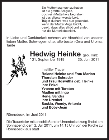 Traueranzeige von Hedwig Heinke von ALLGEMEINE ZEITUNG UELZEN