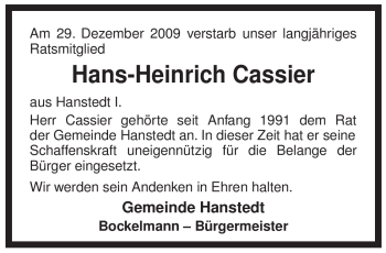 Traueranzeige von Hans-Heinrich Cassier von ALLGEMEINE ZEITUNG UELZEN