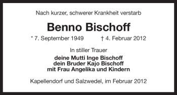Traueranzeige von Benno Bischoff von ALLGEMEINE ZEITUNG UELZEN