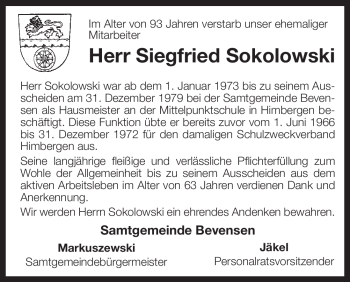 Traueranzeige von Siegfried Sokolowski von ALLGEMEINE ZEITUNG UELZEN
